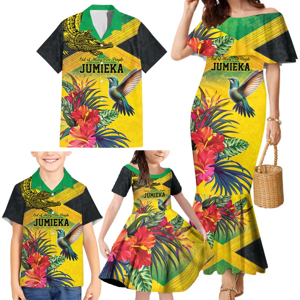Personalized Jamaica Crocodile Hummingbird Family Matching Mermaid Dress and Hawaiian Shirt Tropical Flowers Grunge Flag - Wonder Print Shop