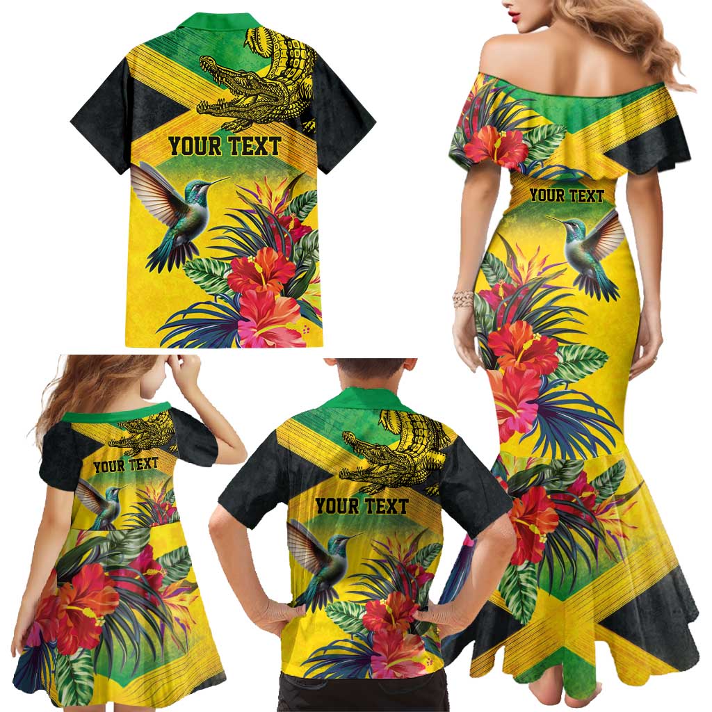 Personalized Jamaica Crocodile Hummingbird Family Matching Mermaid Dress and Hawaiian Shirt Tropical Flowers Grunge Flag - Wonder Print Shop