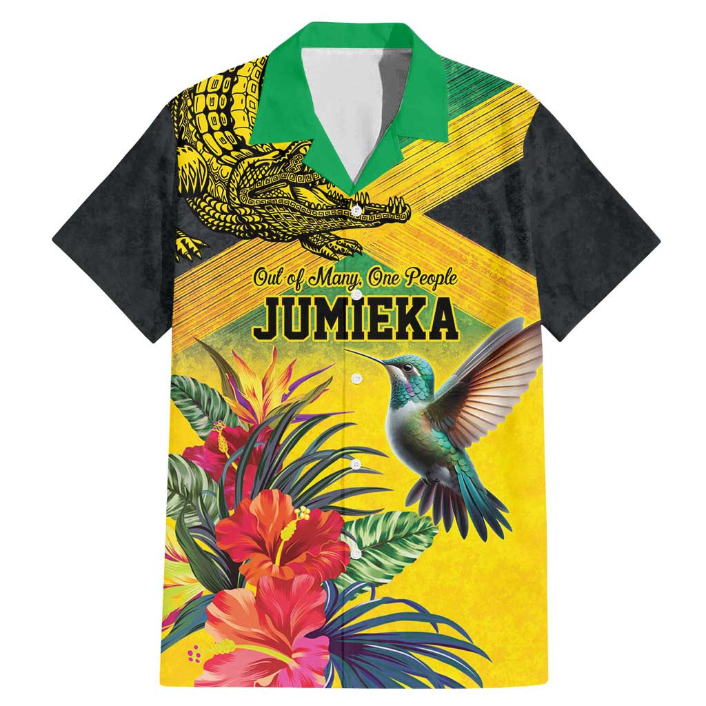 Personalized Jamaica Crocodile Hummingbird Family Matching Mermaid Dress and Hawaiian Shirt Tropical Flowers Grunge Flag - Wonder Print Shop