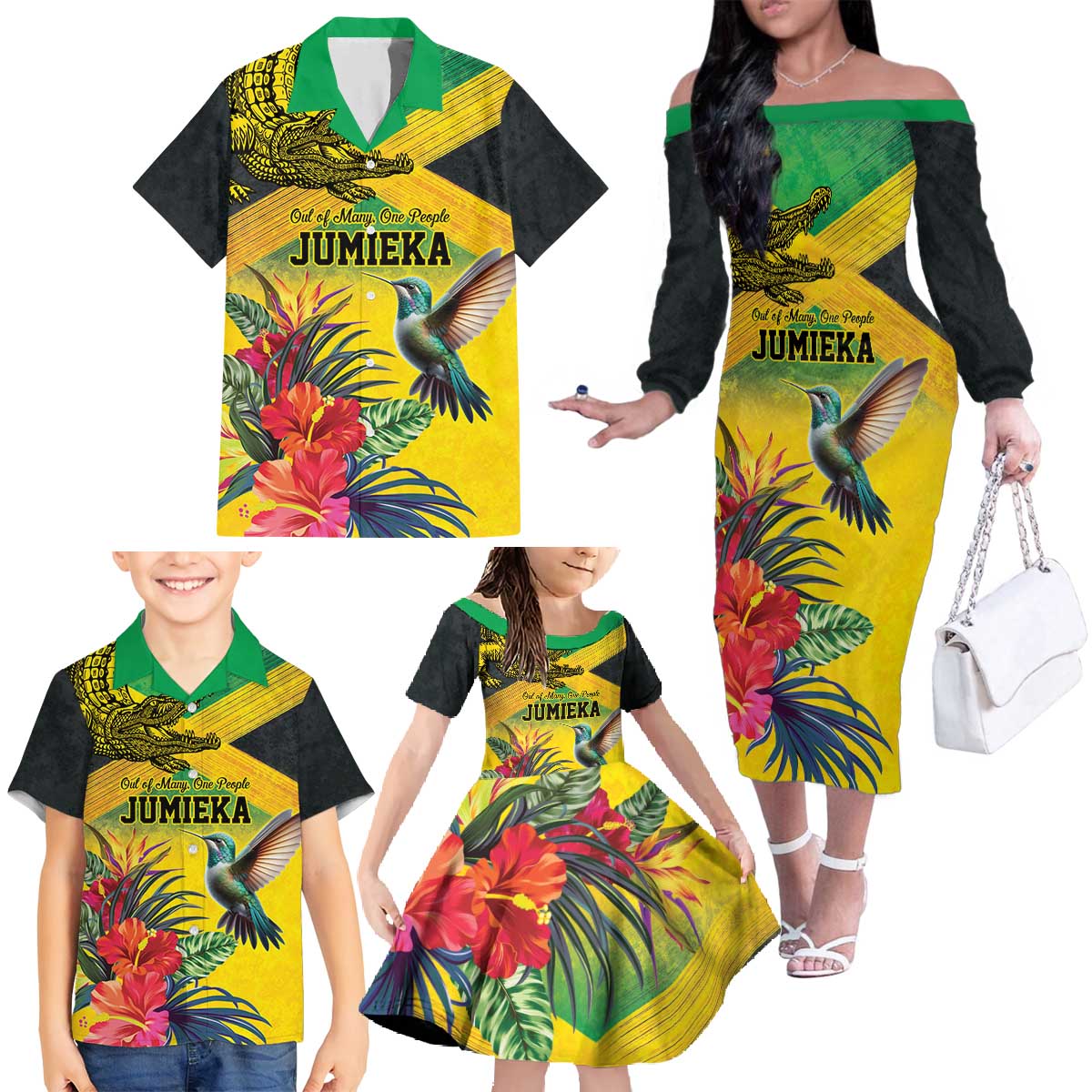 Personalized Jamaica Crocodile Hummingbird Family Matching Off The Shoulder Long Sleeve Dress and Hawaiian Shirt Tropical Flowers Grunge Flag - Wonder Print Shop
