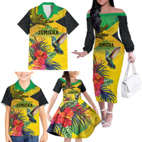 Personalized Jamaica Crocodile Hummingbird Family Matching Off The Shoulder Long Sleeve Dress and Hawaiian Shirt Tropical Flowers Grunge Flag - Wonder Print Shop