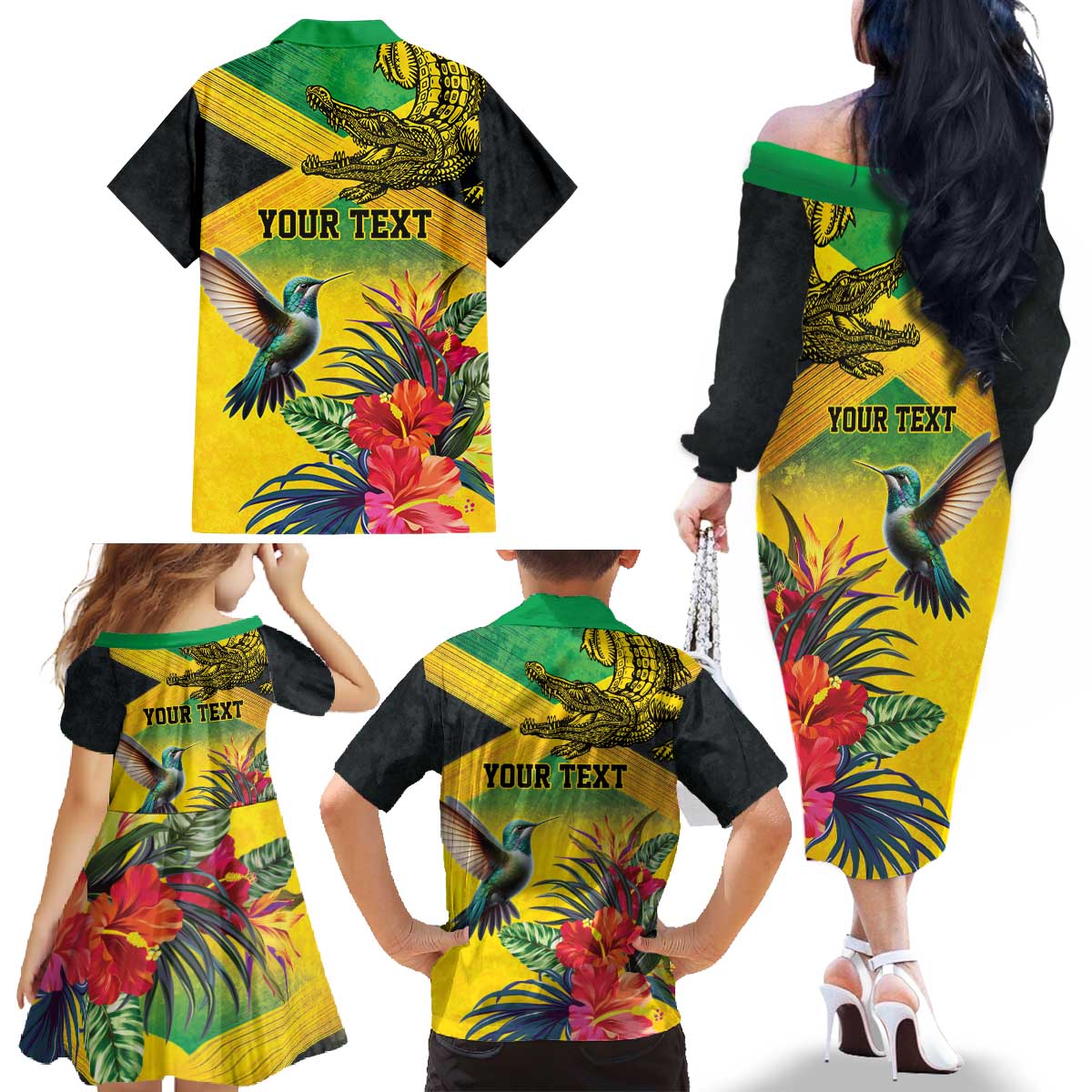 Personalized Jamaica Crocodile Hummingbird Family Matching Off The Shoulder Long Sleeve Dress and Hawaiian Shirt Tropical Flowers Grunge Flag - Wonder Print Shop