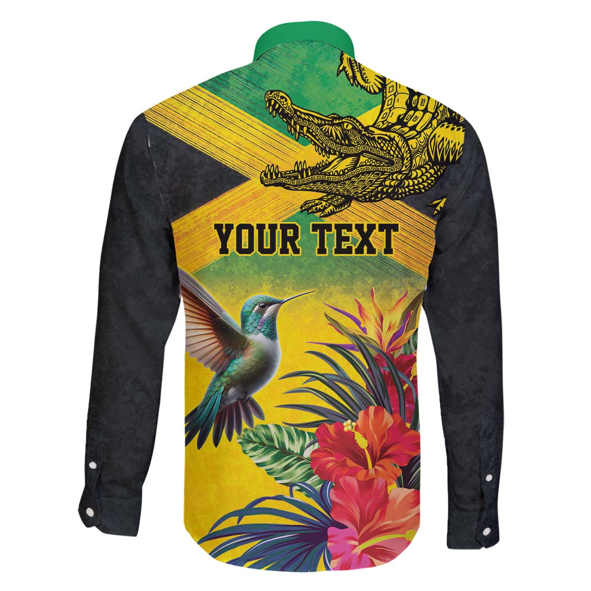 Personalized Jamaica Crocodile Hummingbird Family Matching Off The Shoulder Long Sleeve Dress and Hawaiian Shirt Tropical Flowers Grunge Flag - Wonder Print Shop