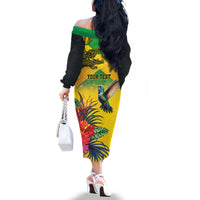 Personalized Jamaica Crocodile Hummingbird Family Matching Off The Shoulder Long Sleeve Dress and Hawaiian Shirt Tropical Flowers Grunge Flag - Wonder Print Shop