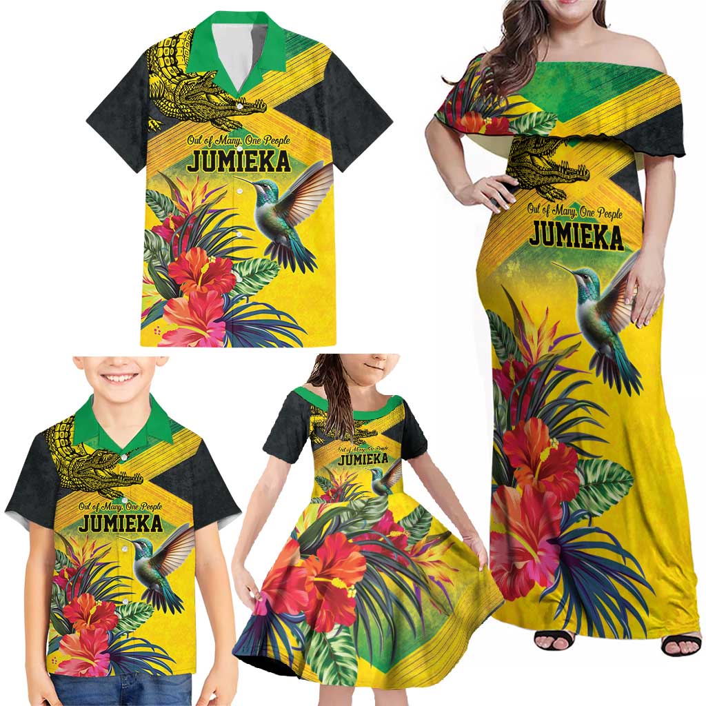 Personalized Jamaica Crocodile Hummingbird Family Matching Off Shoulder Maxi Dress and Hawaiian Shirt Tropical Flowers Grunge Flag - Wonder Print Shop