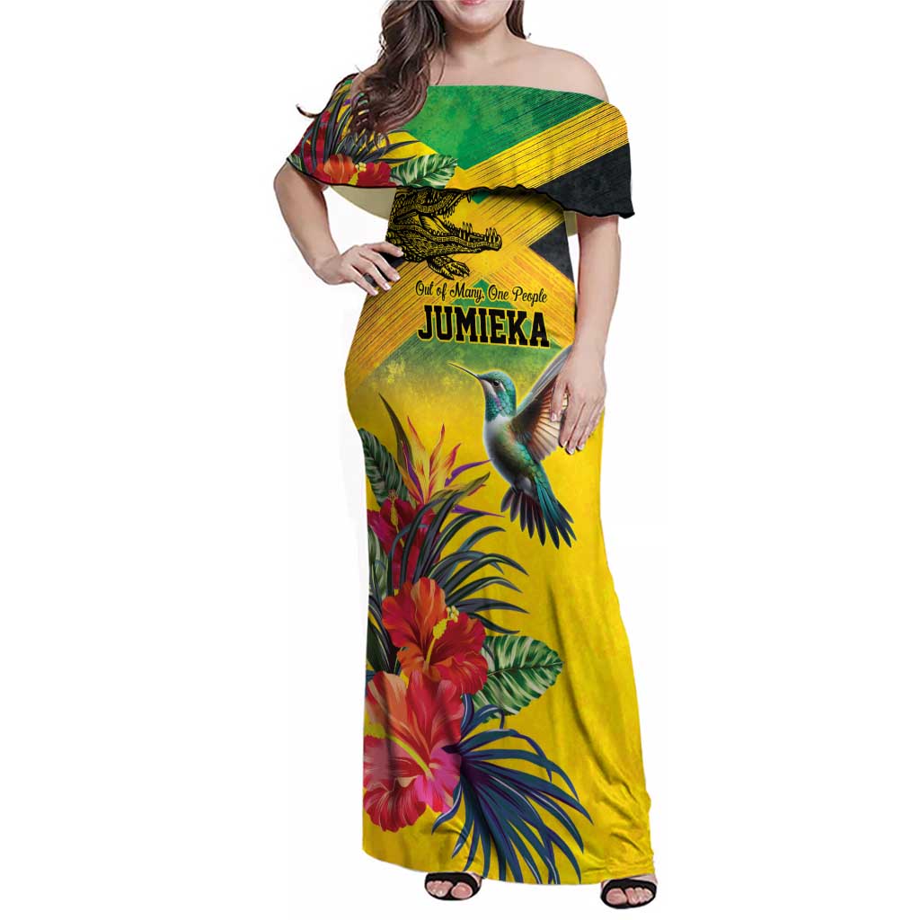 Personalized Jamaica Crocodile Hummingbird Family Matching Off Shoulder Maxi Dress and Hawaiian Shirt Tropical Flowers Grunge Flag - Wonder Print Shop