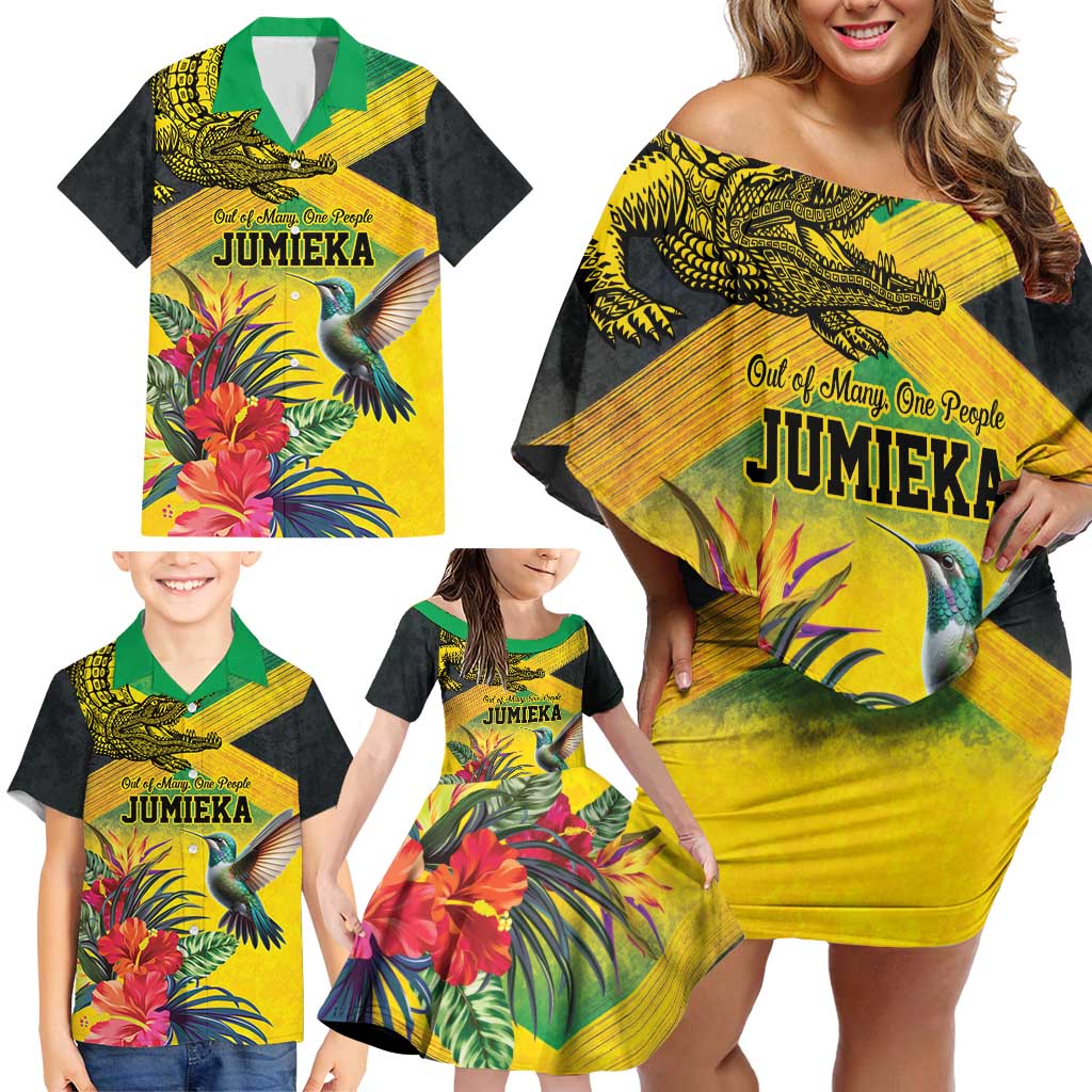 Personalized Jamaica Crocodile Hummingbird Family Matching Off Shoulder Short Dress and Hawaiian Shirt Tropical Flowers Grunge Flag - Wonder Print Shop