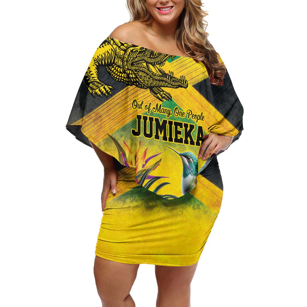 Personalized Jamaica Crocodile Hummingbird Family Matching Off Shoulder Short Dress and Hawaiian Shirt Tropical Flowers Grunge Flag - Wonder Print Shop