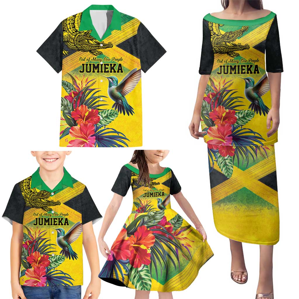 Personalized Jamaica Crocodile Hummingbird Family Matching Puletasi and Hawaiian Shirt Tropical Flowers Grunge Flag - Wonder Print Shop