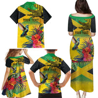 Personalized Jamaica Crocodile Hummingbird Family Matching Puletasi and Hawaiian Shirt Tropical Flowers Grunge Flag - Wonder Print Shop