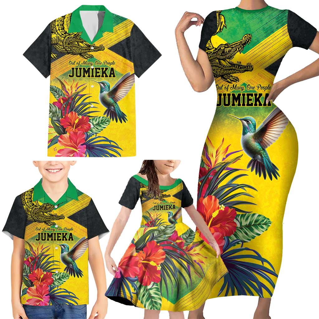 Personalized Jamaica Crocodile Hummingbird Family Matching Short Sleeve Bodycon Dress and Hawaiian Shirt Tropical Flowers Grunge Flag - Wonder Print Shop