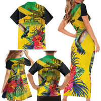 Personalized Jamaica Crocodile Hummingbird Family Matching Short Sleeve Bodycon Dress and Hawaiian Shirt Tropical Flowers Grunge Flag - Wonder Print Shop