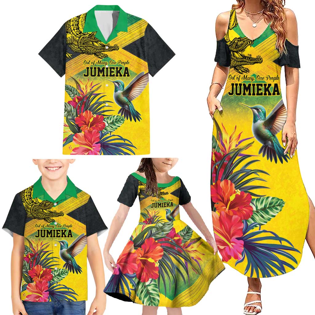 Personalized Jamaica Crocodile Hummingbird Family Matching Summer Maxi Dress and Hawaiian Shirt Tropical Flowers Grunge Flag - Wonder Print Shop