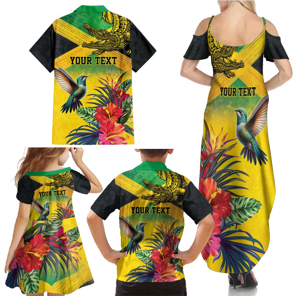 Personalized Jamaica Crocodile Hummingbird Family Matching Summer Maxi Dress and Hawaiian Shirt Tropical Flowers Grunge Flag - Wonder Print Shop