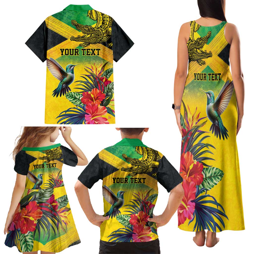 Personalized Jamaica Crocodile Hummingbird Family Matching Tank Maxi Dress and Hawaiian Shirt Tropical Flowers Grunge Flag - Wonder Print Shop