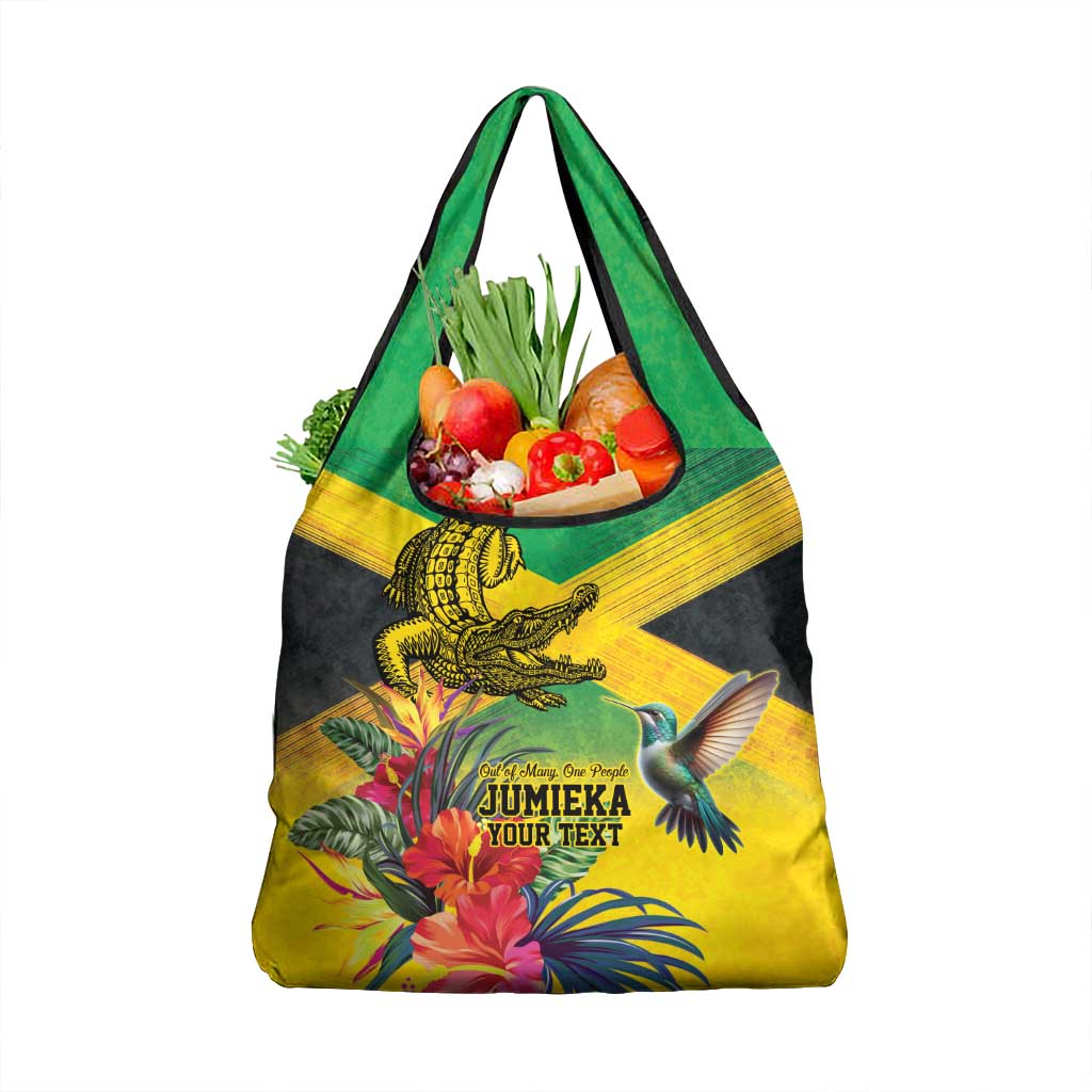 Personalized Jamaica Crocodile Hummingbird Grocery Bag Tropical Flowers Grunge Flag - Wonder Print Shop