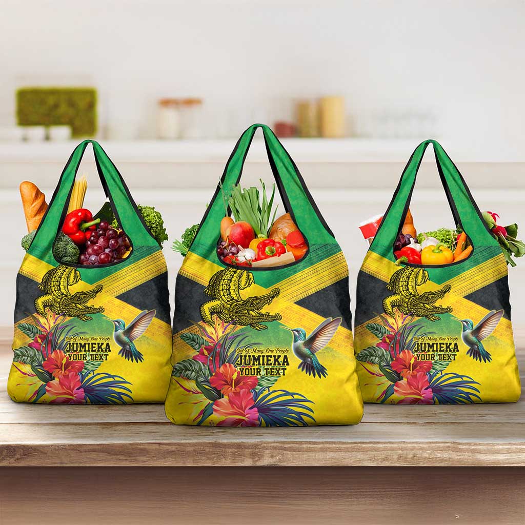 Personalized Jamaica Crocodile Hummingbird Grocery Bag Tropical Flowers Grunge Flag - Wonder Print Shop