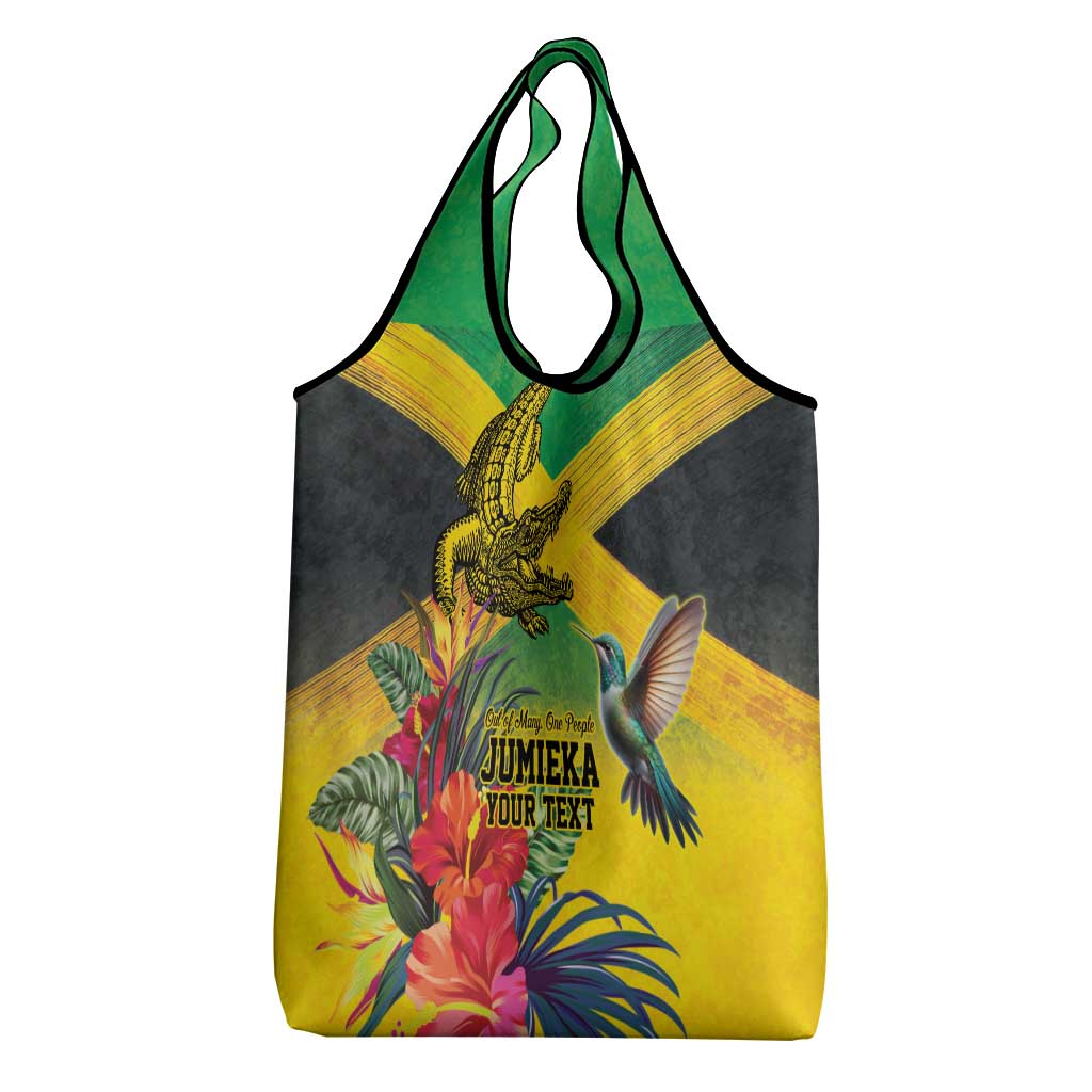 Personalized Jamaica Crocodile Hummingbird Grocery Bag Tropical Flowers Grunge Flag - Wonder Print Shop