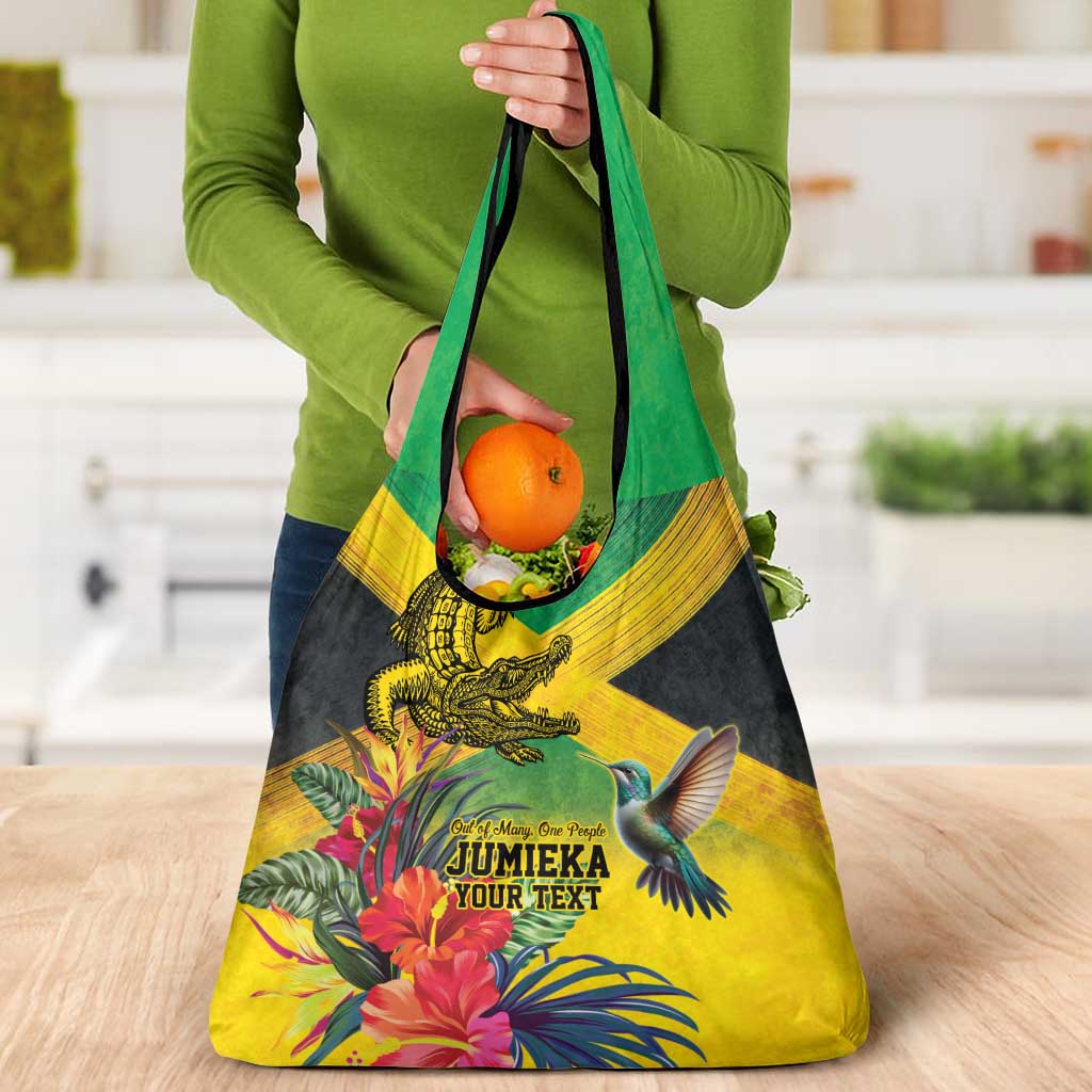 Personalized Jamaica Crocodile Hummingbird Grocery Bag Tropical Flowers Grunge Flag - Wonder Print Shop