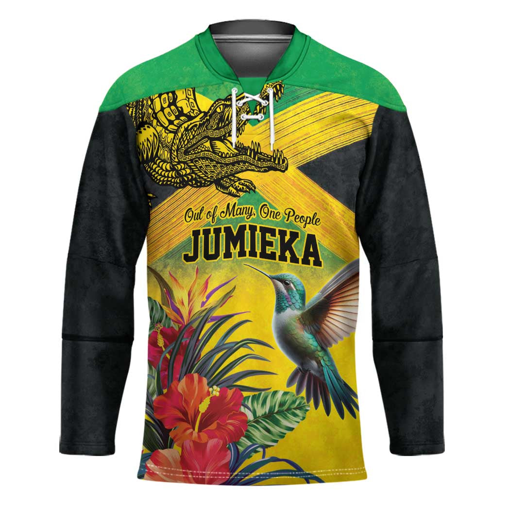 Personalized Jamaica Crocodile Hummingbird Hockey Jersey Tropical Flowers Grunge Flag - Wonder Print Shop