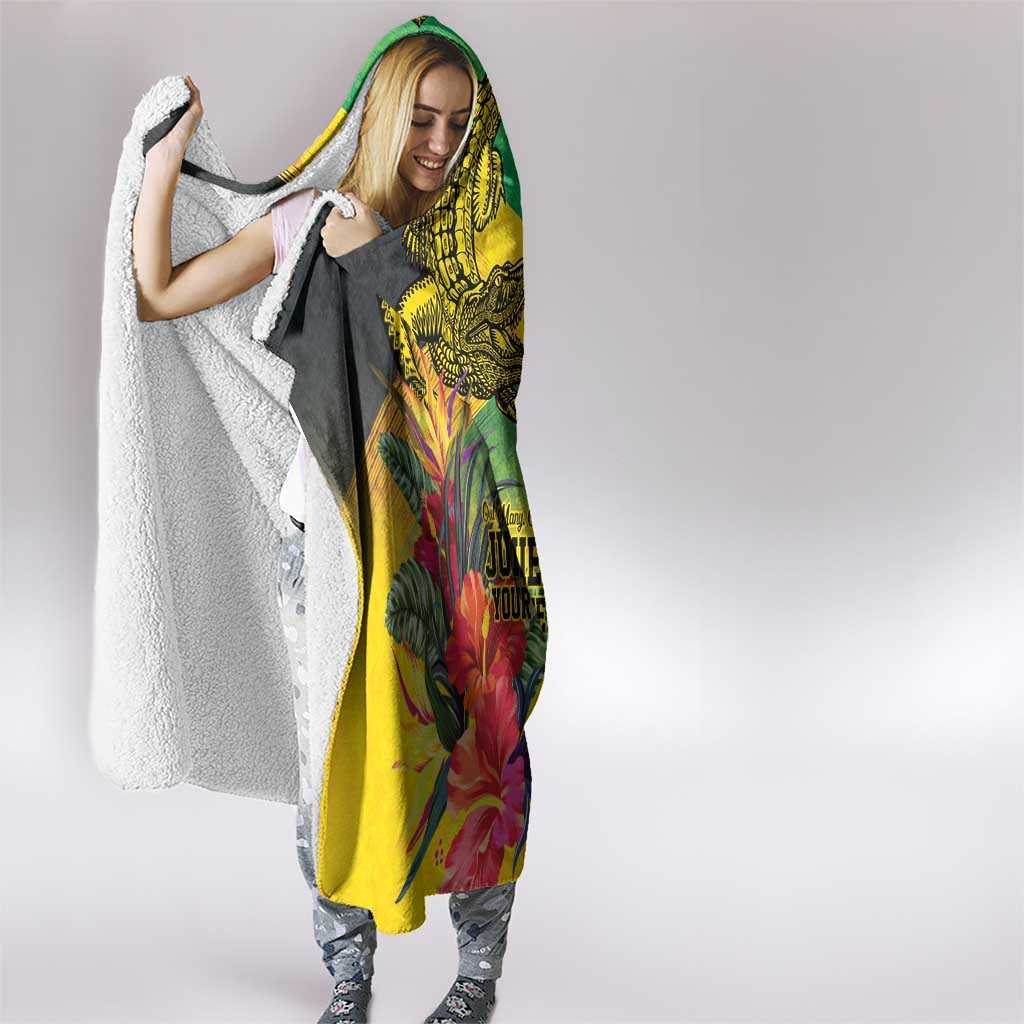 Personalized Jamaica Crocodile Hummingbird Hooded Blanket Tropical Flowers Grunge Flag - Wonder Print Shop