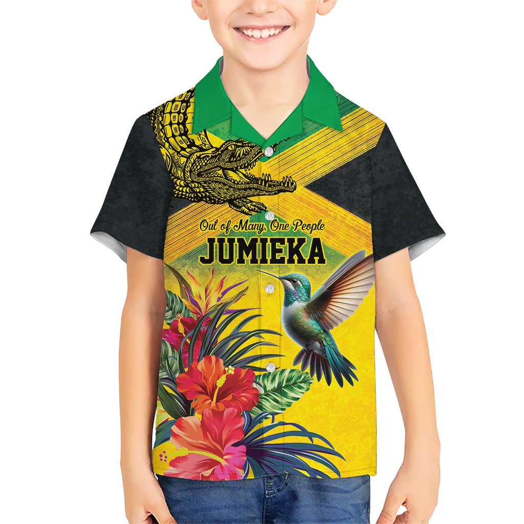 Personalized Jamaica Crocodile Hummingbird Kid Hawaiian Shirt Tropical Flowers Grunge Flag - Wonder Print Shop