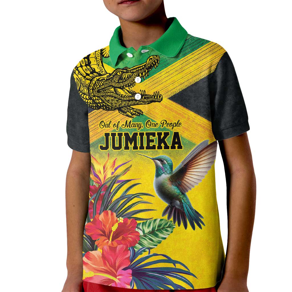 Personalized Jamaica Crocodile Hummingbird Kid Polo Shirt Tropical Flowers Grunge Flag - Wonder Print Shop