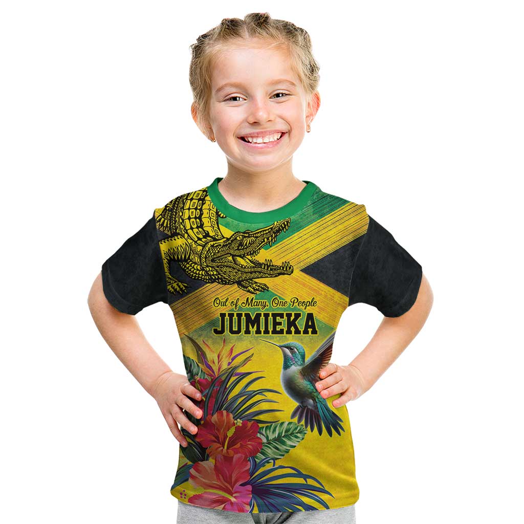 Personalized Jamaica Crocodile Hummingbird Kid T Shirt Tropical Flowers Grunge Flag - Wonder Print Shop