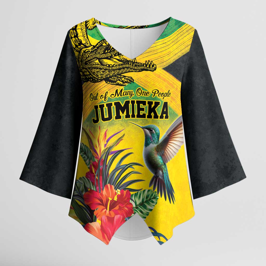Personalized Jamaica Crocodile Hummingbird Kimono Sleeve Blouse Tropical Flowers Grunge Flag - Wonder Print Shop