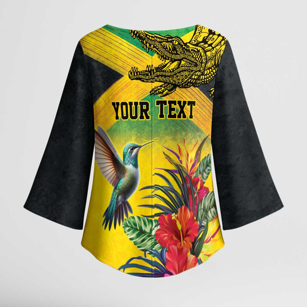 Personalized Jamaica Crocodile Hummingbird Kimono Sleeve Blouse Tropical Flowers Grunge Flag - Wonder Print Shop