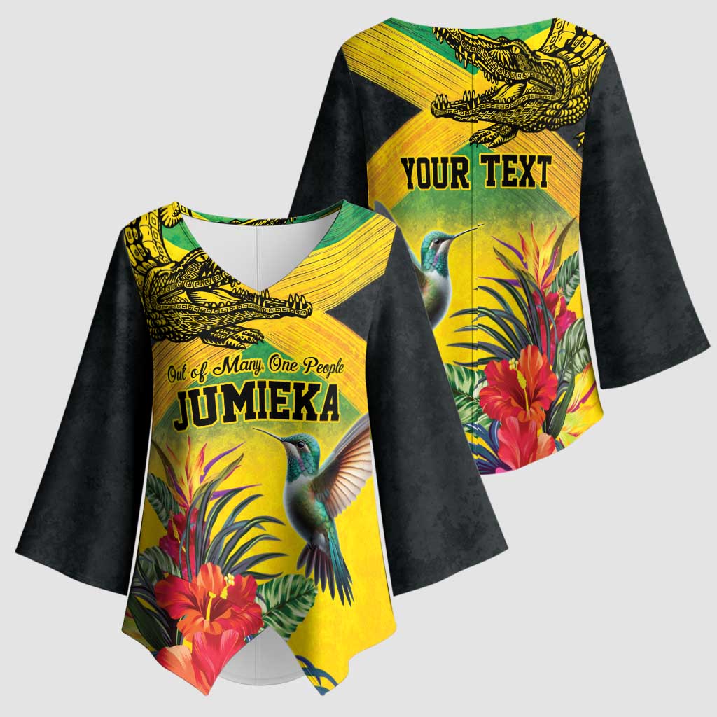 Personalized Jamaica Crocodile Hummingbird Kimono Sleeve Blouse Tropical Flowers Grunge Flag - Wonder Print Shop