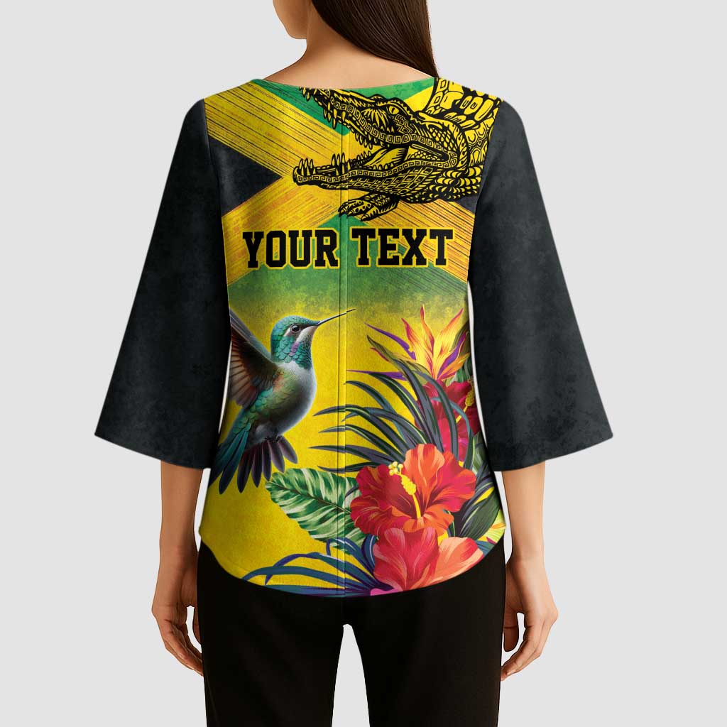 Personalized Jamaica Crocodile Hummingbird Kimono Sleeve Blouse Tropical Flowers Grunge Flag - Wonder Print Shop