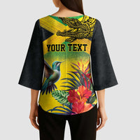 Personalized Jamaica Crocodile Hummingbird Kimono Sleeve Blouse Tropical Flowers Grunge Flag - Wonder Print Shop