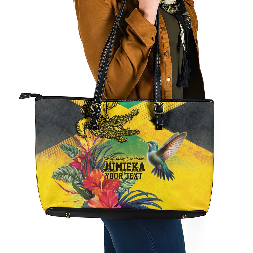 Personalized Jamaica Crocodile Hummingbird Leather Tote Bag Tropical Flowers Grunge Flag - Wonder Print Shop