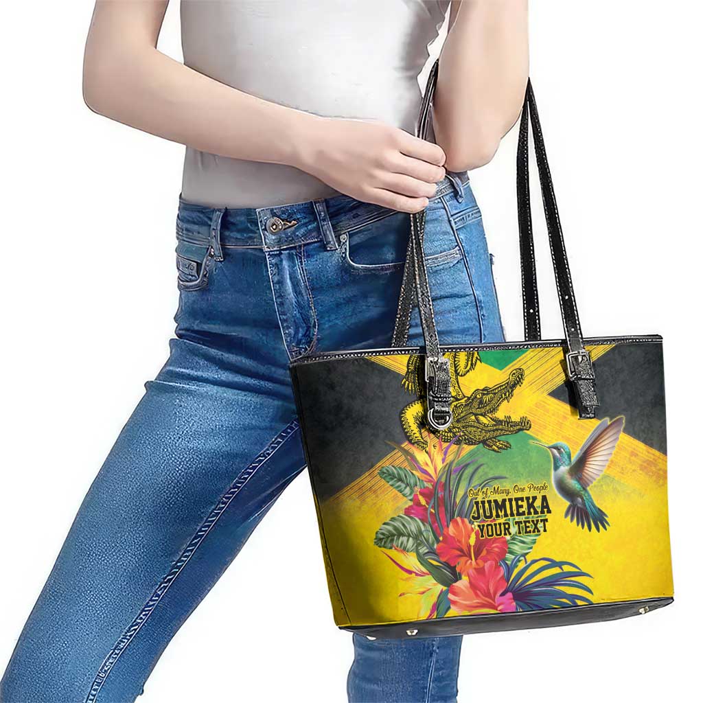 Personalized Jamaica Crocodile Hummingbird Leather Tote Bag Tropical Flowers Grunge Flag - Wonder Print Shop