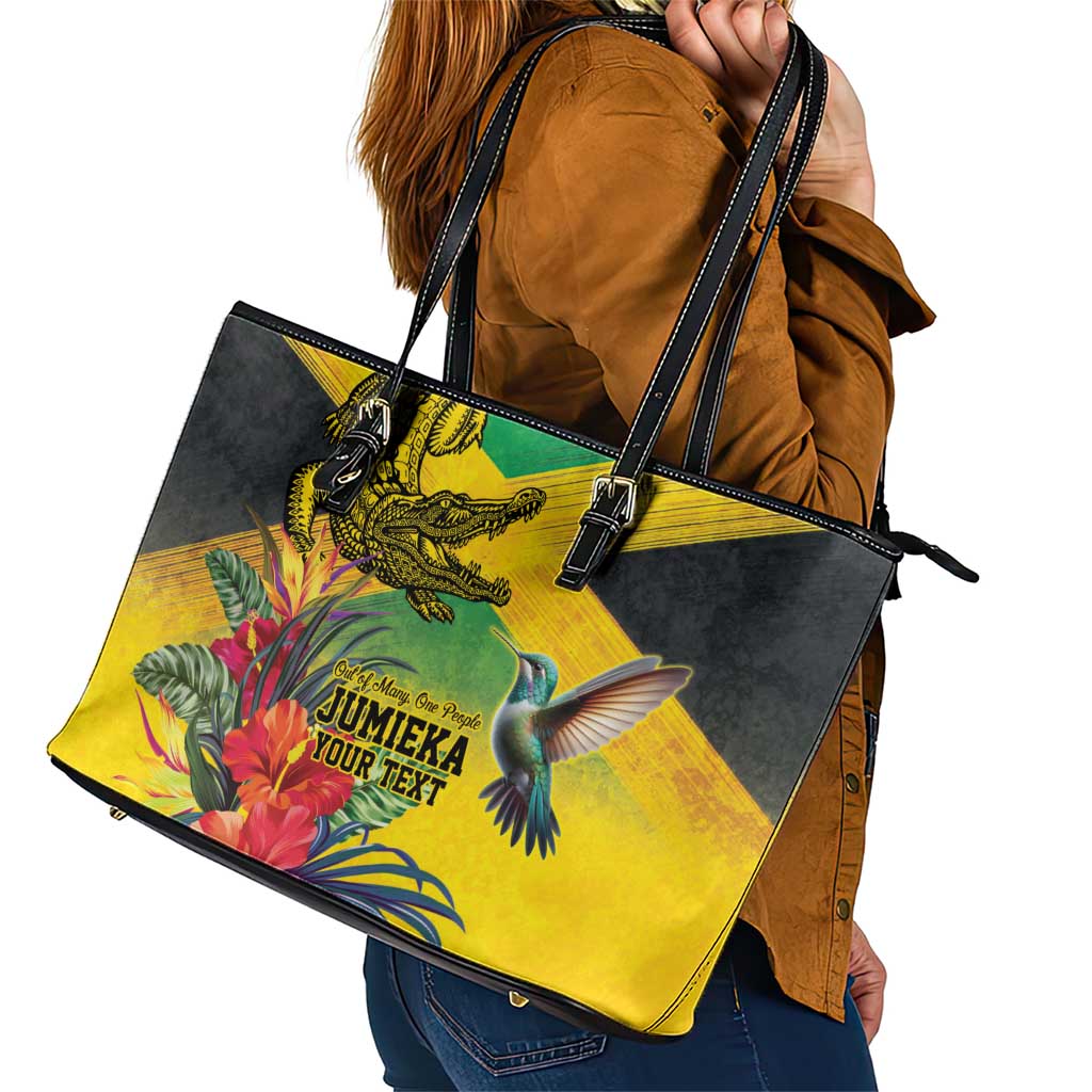 Personalized Jamaica Crocodile Hummingbird Leather Tote Bag Tropical Flowers Grunge Flag - Wonder Print Shop