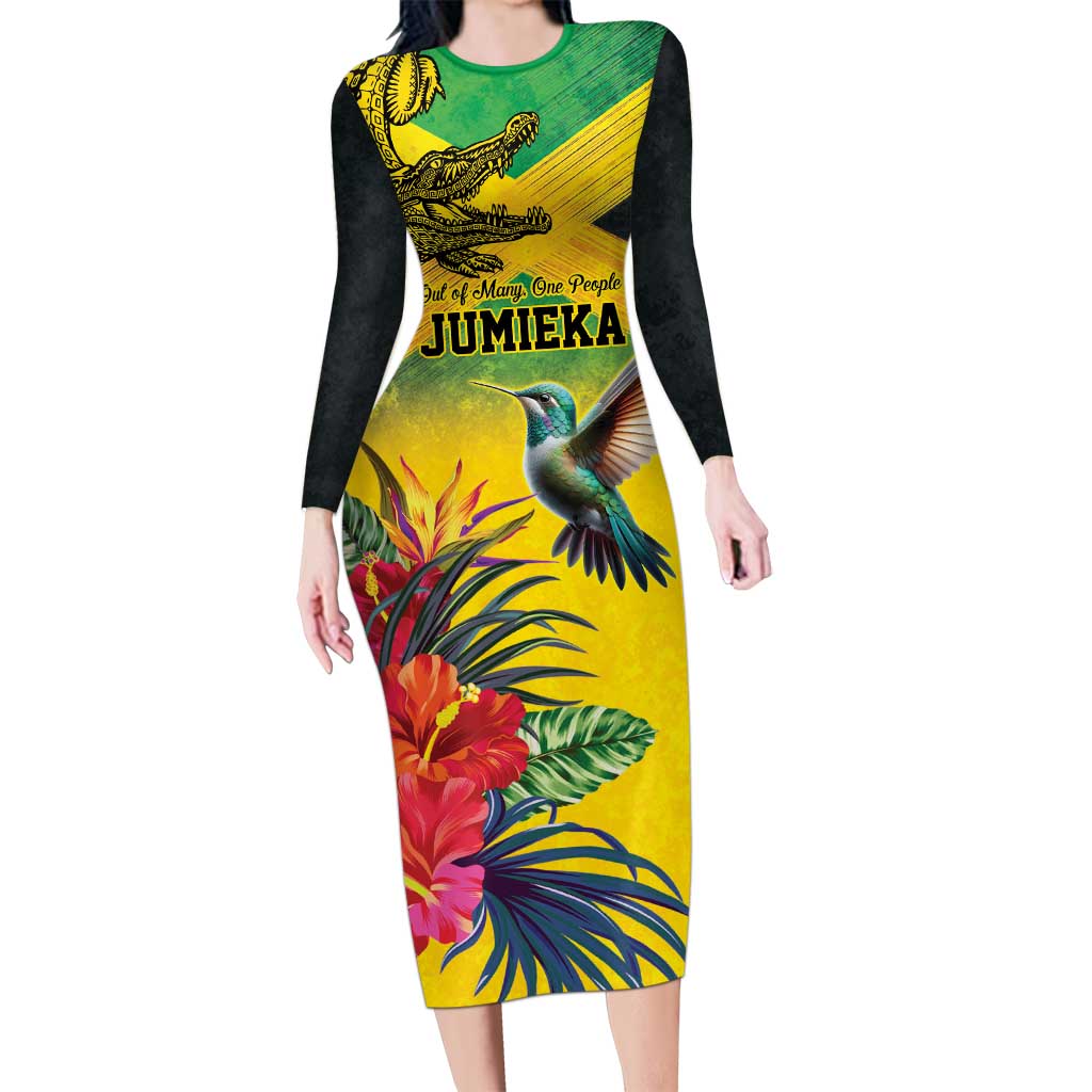 Personalized Jamaica Crocodile Hummingbird Long Sleeve Bodycon Dress Tropical Flowers Grunge Flag - Wonder Print Shop