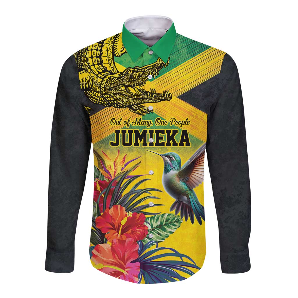 Personalized Jamaica Crocodile Hummingbird Long Sleeve Button Shirt Tropical Flowers Grunge Flag - Wonder Print Shop
