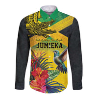 Personalized Jamaica Crocodile Hummingbird Long Sleeve Button Shirt Tropical Flowers Grunge Flag - Wonder Print Shop