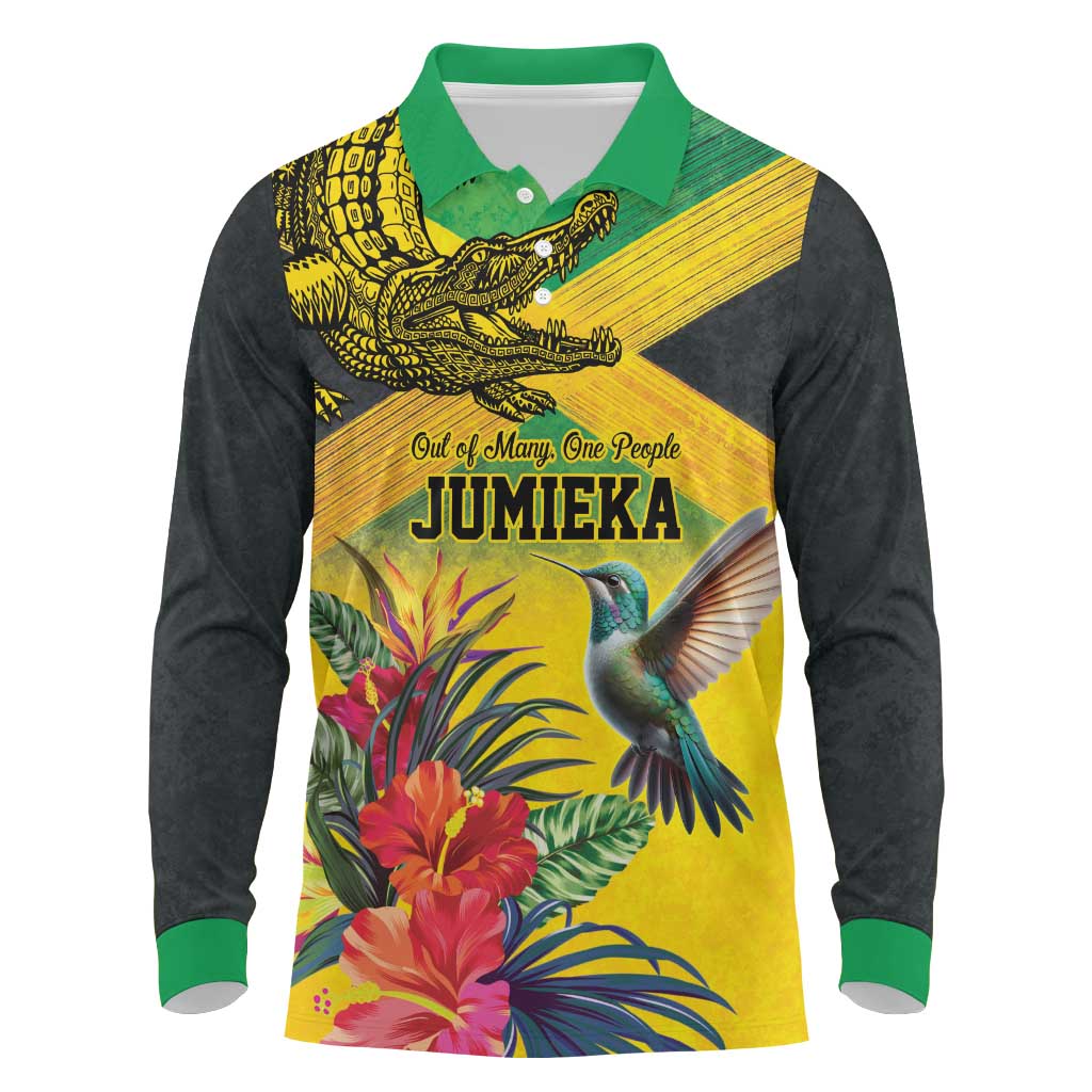 Personalized Jamaica Crocodile Hummingbird Long Sleeve Polo Shirt Tropical Flowers Grunge Flag - Wonder Print Shop