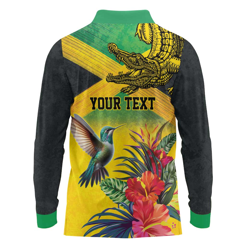 Personalized Jamaica Crocodile Hummingbird Long Sleeve Polo Shirt Tropical Flowers Grunge Flag - Wonder Print Shop
