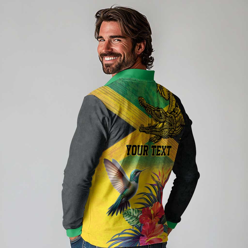 Personalized Jamaica Crocodile Hummingbird Long Sleeve Polo Shirt Tropical Flowers Grunge Flag - Wonder Print Shop