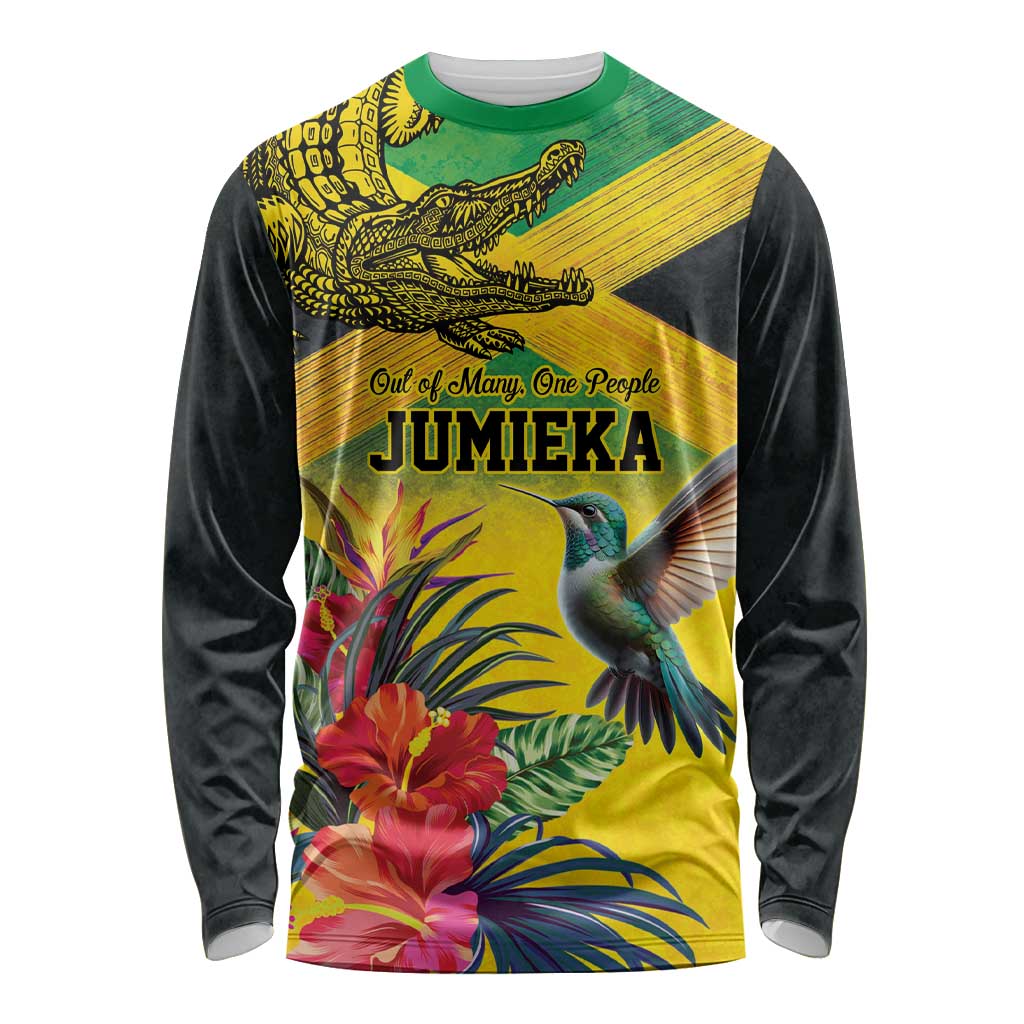 Personalized Jamaica Crocodile Hummingbird Long Sleeve Shirt Tropical Flowers Grunge Flag - Wonder Print Shop