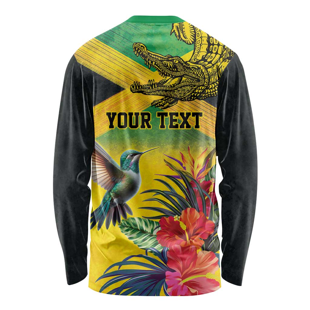 Personalized Jamaica Crocodile Hummingbird Long Sleeve Shirt Tropical Flowers Grunge Flag - Wonder Print Shop