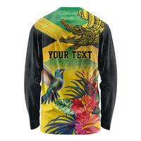 Personalized Jamaica Crocodile Hummingbird Long Sleeve Shirt Tropical Flowers Grunge Flag - Wonder Print Shop