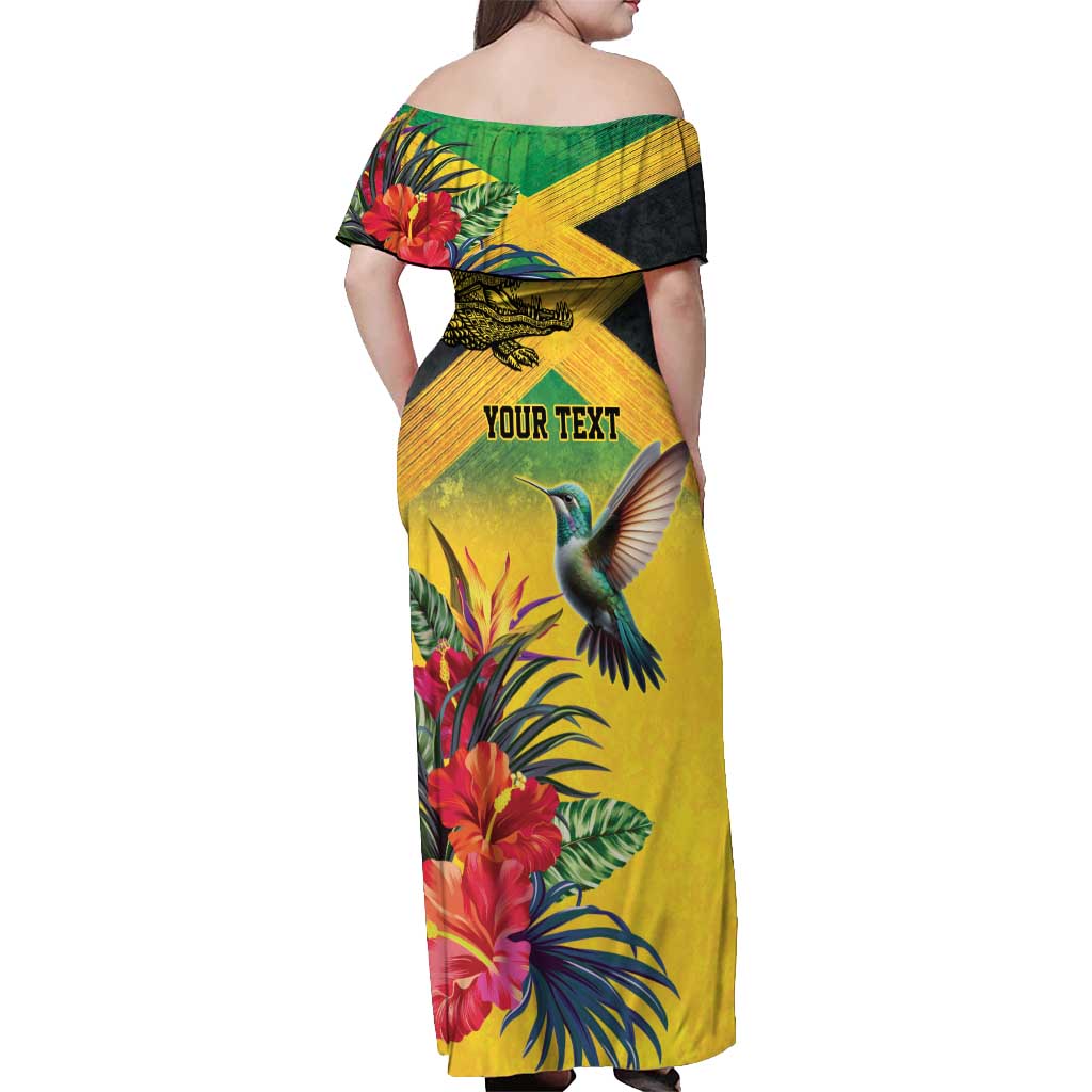 Personalized Jamaica Crocodile Hummingbird Off Shoulder Maxi Dress Tropical Flowers Grunge Flag - Wonder Print Shop