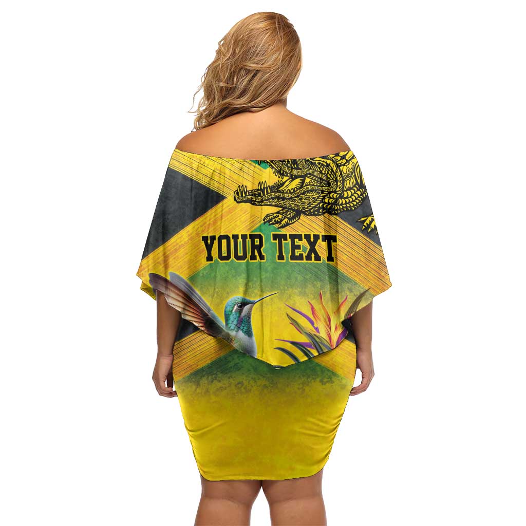 Personalized Jamaica Crocodile Hummingbird Off Shoulder Short Dress Tropical Flowers Grunge Flag - Wonder Print Shop