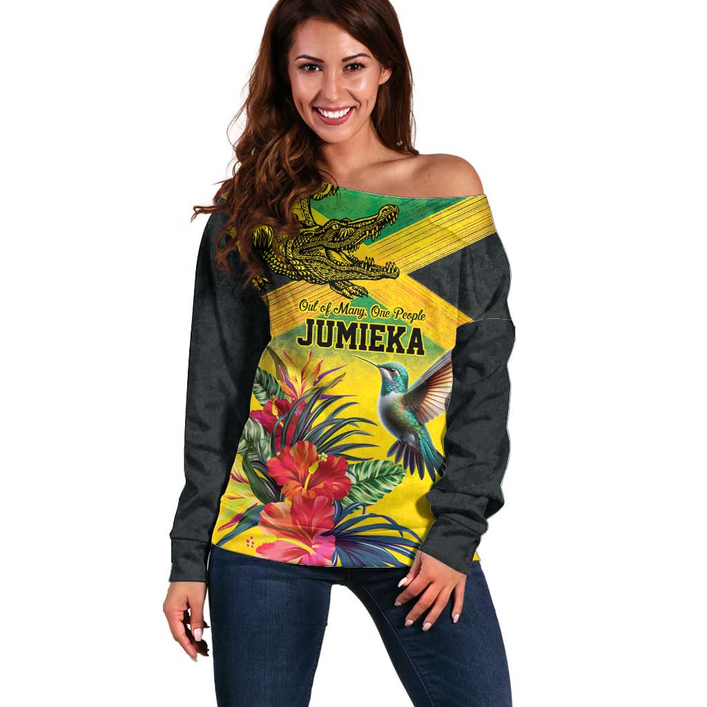 Personalized Jamaica Crocodile Hummingbird Off Shoulder Sweater Tropical Flowers Grunge Flag - Wonder Print Shop