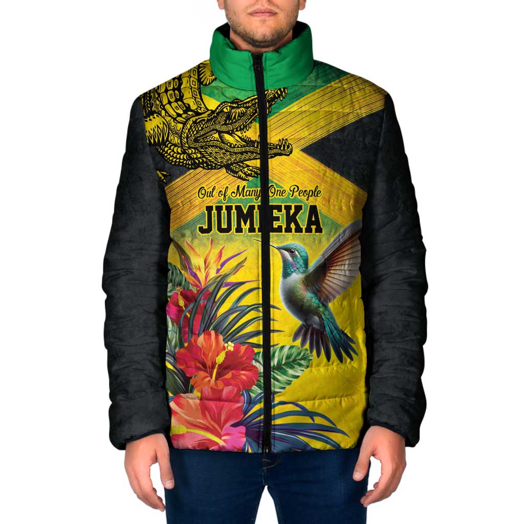 Personalized Jamaica Crocodile Hummingbird Padded Jacket Tropical Flowers Grunge Flag - Wonder Print Shop