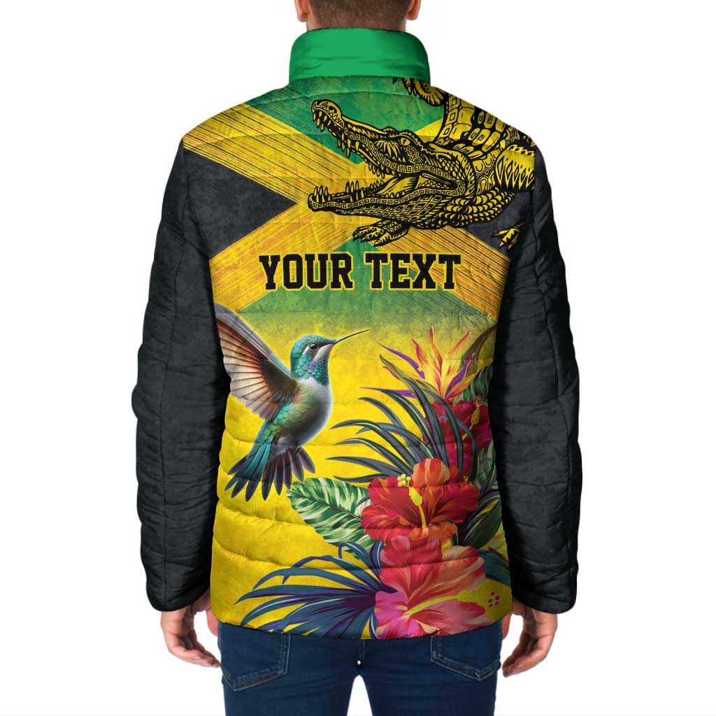 Personalized Jamaica Crocodile Hummingbird Padded Jacket Tropical Flowers Grunge Flag - Wonder Print Shop